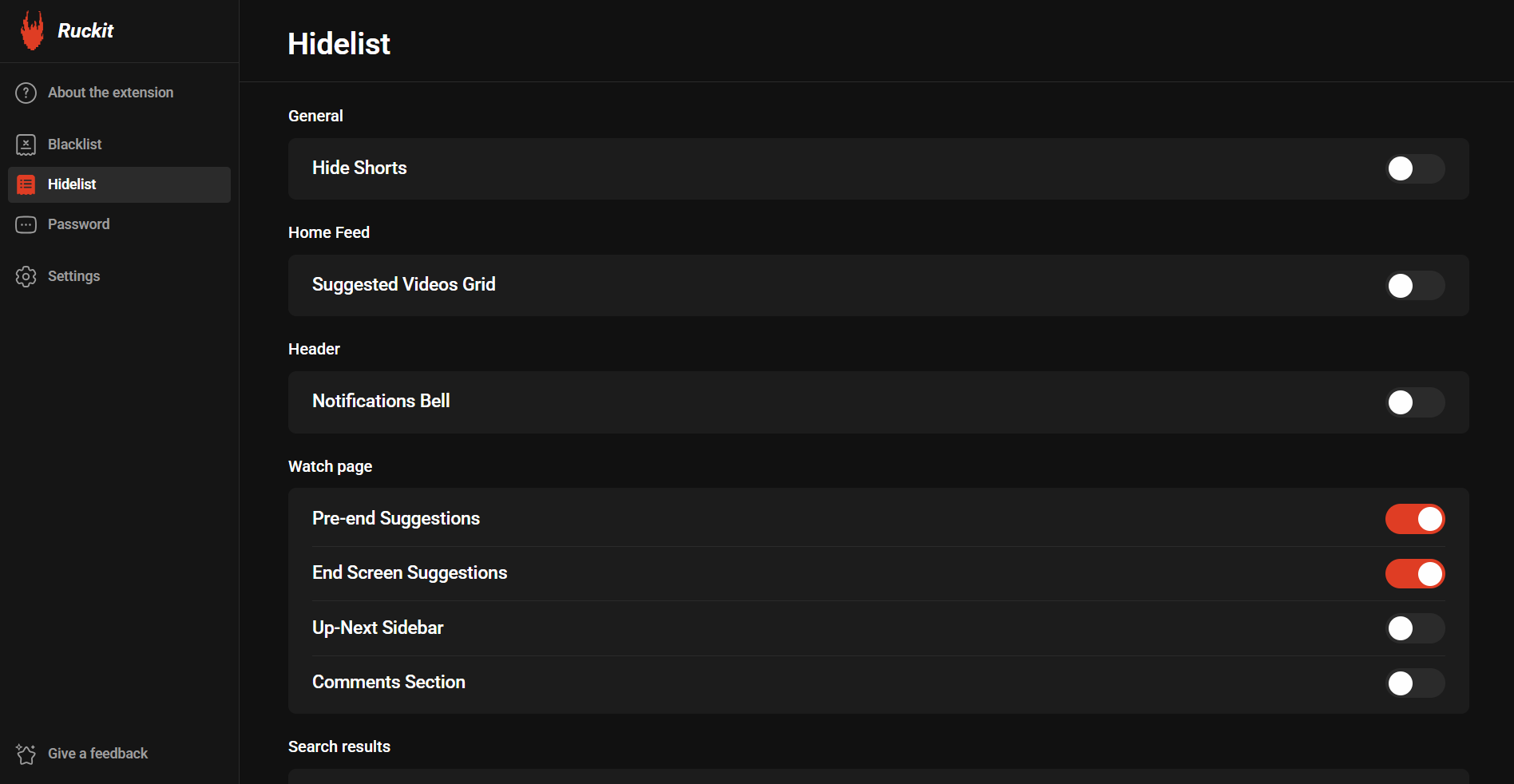Ruckit dark theme: Hidelist settings for Shorts, suggested videos, notifications, end screen suggestions and comments.