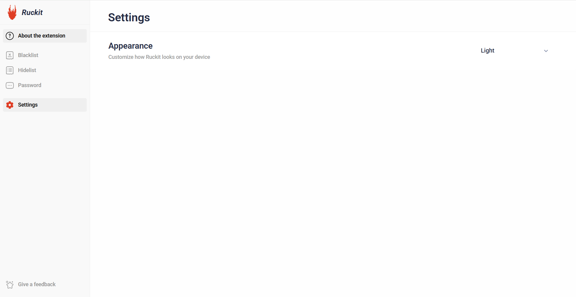 Ruckit light theme: Appearance settings with Light selected.
